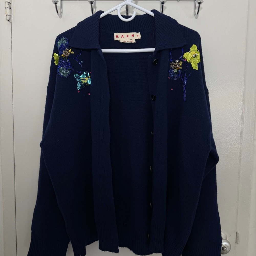 Marni 100% Wool Navy Beaded Sweater Cardigan - Picture 7 of 8